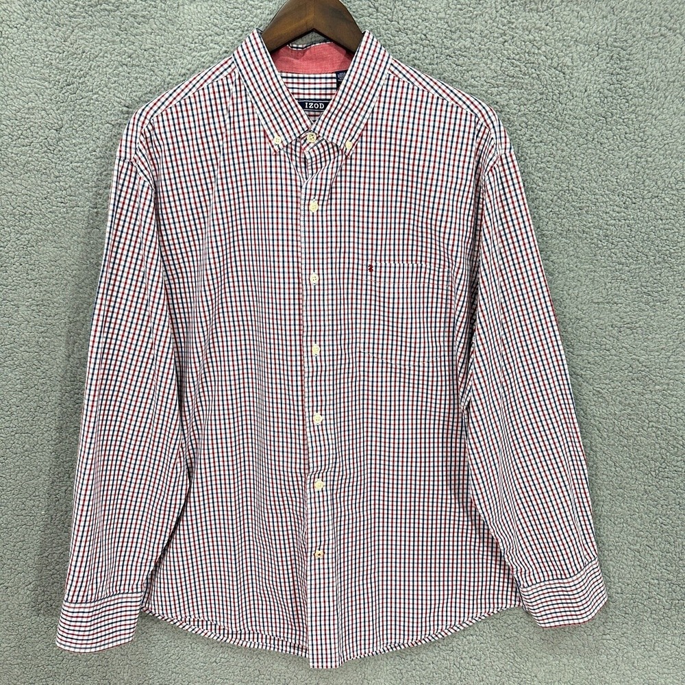 Izod Button Down Shirt Mens XL Red Gingham Plaid Long Sleeve Cotton Preppy‎
